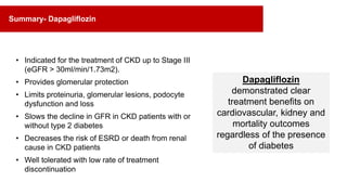 • Indicated for the treatment of CKD up to Stage III
(eGFR > 30ml/min/1.73m2).
• Provides glomerular protection
• Limits proteinuria, glomerular lesions, podocyte
dysfunction and loss
• Slows the decline in GFR in CKD patients with or
without type 2 diabetes
• Decreases the risk of ESRD or death from renal
cause in CKD patients
• Well tolerated with low rate of treatment
discontinuation
Dapagliflozin
demonstrated clear
treatment benefits on
cardiovascular, kidney and
mortality outcomes
regardless of the presence
of diabetes
Summary- Dapagliflozin
 