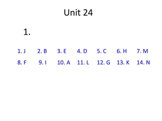 Unit 24
  1.
1. J   2. B   3. E    4. D    5. C    6. H    7. M
8. F   9. I   10. A   11. L   12. G   13. K   14. N
 