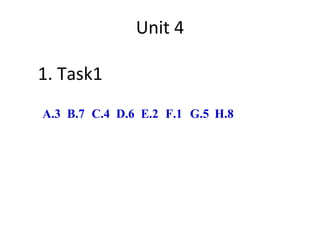 Unit 4

1. Task1
A.3 B.7 C.4 D.6 E.2 F.1 G.5 H.8
 