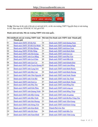 http://tracuudiemthi.sms.vn
Ví dụ: Nếu bạn là thí sinh ở Hà nội có mã tỉnh là 01, và thi vào trường THPT Nguyễn Huệ có mã trường
là 162. Bạn soạn tin: DTM DC 01 162 gửi 8785
Danh sách mã tỉnh, Mã các trường THPT trên toàn quốc.
Mã tỉnhDanh mã các trường THPT tỉnh/
Thành phố
Mã tỉnh Tên Danh sách THPT tỉnh/ Thành phố
01 Danh sách THPT TP.Hà Nội 34 Danh sách THPT tỉnh Quảng Nam
02 Danh sách THPT TP Hồ Chí Minh 35 Danh sách THPT tỉnh Quảng Ngãi
03 Danh sách THPT TP Hải Phòng 36 Danh sách THPT tỉnh Kon Tum
04 Danh sácg THPT TP Đà Nẵng 37 Danh sách THPT tỉnh Bình Định
05 Danh sách THPT tỉnh Hà Giang 38 Danh sách THPT tỉnh Gia Lai
06 Danh sách THPT tỉnh Cao Bằng 39 Danh sách THPT tỉnh Phú Yên
07 Danh sách THPT tỉnh Lai Châu 40 Danh sách THPT tỉnh Đắk Lắk
08 Danh sách THPT tỉnh Lào Cai 41 Danh sách THPT tỉnh Khánh Hoà
09 Danh sách THPT tỉnh Tuyên Quang 42 Danh sách THPT tỉnh Lâm Đồng
10 Danh sách THPT tỉnh Lạng Sơn 43 Danh sách THPT tỉnh Bình Phước
11 Danh sách THPT tỉnh Bắc Cạn 44 Danh sách THPT tỉnh Bình Dương
12 Danh sách THPT tỉnh Thái Nguyên 45 Danh sách THPT tỉnh Ninh Thuận
13 Danh sách THPT tỉnh Yên Bái 46 Danh sách THPT tỉnh Tây Ninh
14 Danh sách THPT tỉnh Sơn La 47 Danh sách THPT tỉnh Bình Thuận
15 Danh sách THPT tỉnh Phú Thọ 48 Danh sách THPT tỉnh Đồng Nai
16 Danh sách THPT tỉnhVĩnh Phúc 49 Danh sách THPT tỉnh Long an
17 Danh sách THPT tỉnh Quảng Ninh 50 Danh sách THPT tỉnh Đồng Tháp
18 Danh sách THPT tỉnh Bắc Giang 51 Danh sách THPT tỉnh An giang
19 Danh sách THPT tỉnh Bắc Ninh 52 Danh sách THPT tỉnh Bà Rịa Vũng Tàu
21 Danh sách THPT tỉnh Hải Dương 53 Danh sách THPT tỉnh Tiền Giang
22 Danh sách THPT tỉnh Hưng Yên 54 Danh sách THPT tỉnh Kiên Giang
23 Danh sách THPT tỉnh Hoà Bình 55 Thành Phố Cần Thơ
24 Danh sách THPT tỉnh Hà Nam 56 Danh sách THPT tỉnh Bến Tre
25 Danh sách THPT tỉnh Nam Định 57 Danh sách THPT tỉnh Vĩnh Long
Page 4 of 5
 