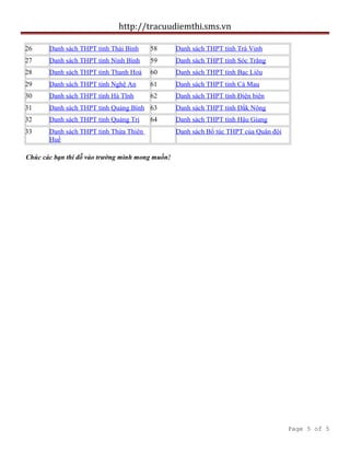 http://tracuudiemthi.sms.vn
26 Danh sách THPT tỉnh Thái Bình 58 Danh sách THPT tỉnh Trà Vinh
27 Danh sách THPT tỉnh Ninh Bình 59 Danh sách THPT tỉnh Sóc Trăng
28 Danh sách THPT tỉnh Thanh Hoá 60 Danh sách THPT tỉnh Bạc Liêu
29 Danh sách THPT tỉnh Nghệ An 61 Danh sách THPT tỉnh Cà Mau
30 Danh sách THPT tỉnh Hà Tĩnh 62 Danh sách THPT tỉnh Điện biên
31 Danh sách THPT tỉnh Quảng Bình 63 Danh sách THPT tỉnh Đắk Nông
32 Danh sách THPT tỉnh Quảng Trị 64 Danh sách THPT tỉnh Hậu Giang
33 Danh sách THPT tỉnh Thừa Thiên
Huế
Danh sách Bổ túc THPT của Quân đội
Chúc các bạn thi đỗ vào trường mình mong muốn!
Page 5 of 5
 