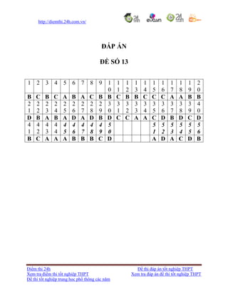 http://diemthi.24h.com.vn/
Điểm thi 24h Đề thi đáp án tốt nghiệp THPT
Xem tra điểm thi tốt nghiệp THPT Xem tra đáp án đề thi tốt nghiệp THPT
Đề thi tốt nghiệp trung học phổ thông các năm
ĐÁP ÁN
ĐỀ SỐ 13
1 2 3 4 5 6 7 8 9 1
0
1
1
1
2
1
3
1
4
1
5
1
6
1
7
1
8
1
9
2
0
B C B C A B A C B B C B B C C C A A B B
2
1
2
2
2
3
2
4
2
5
2
6
2
7
2
8
2
9
3
0
3
1
3
2
3
3
3
4
3
5
3
6
3
7
3
8
3
9
4
0
D B A B A D A D B D C C A A C D B D C D
4
1
4
2
4
3
4
4
4
5
4
6
4
7
4
8
4
9
5
0
5
1
5
2
5
3
5
4
5
5
5
6
B C A A A B B B C D A D A C D B
 