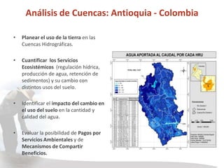Análisis de Cuencas: Antioquia - Colombia

•   Planear el uso de la tierra en las
    Cuencas Hidrográficas.

•   Cuantificar los Servicios
    Ecosistémicos (regulación hídrica,
    producción de agua, retención de
    sedimentos) y su cambio con
    distintos usos del suelo.

•   Identificar el impacto del cambio en
    el uso del suelo en la cantidad y
    calidad del agua.

•   Evaluar la posibilidad de Pagos por
    Servicios Ambientales y de
    Mecanismos de Compartir
    Beneficios.
 