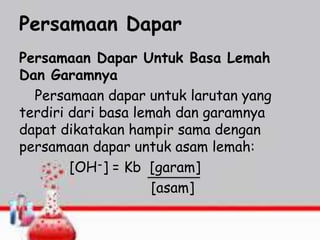 Persamaan Dapar
Persamaan Dapar Untuk Basa Lemah
Dan Garamnya
Persamaan dapar untuk larutan yang
terdiri dari basa lemah dan garamnya
dapat dikatakan hampir sama dengan
persamaan dapar untuk asam lemah:
[OH-] = Kb [garam]
[asam]
 