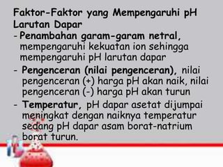 Faktor-Faktor yang Mempengaruhi pH
Larutan Dapar
- Penambahan garam-garam netral,
mempengaruhi kekuatan ion sehingga
mempengaruhi pH larutan dapar
- Pengenceran (nilai pengenceran), nilai
pengenceran (+) harga pH akan naik, nilai
pengenceran (-) harga pH akan turun
- Temperatur, pH dapar asetat dijumpai
meningkat dengan naiknya temperatur
sedang pH dapar asam borat-natrium
borat turun.
 