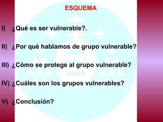 ESQUEMA
I) ¿Qué es ser vulnerable?.
II) ¿Por qué hablamos de grupo vulnerable?
III) ¿Cómo se protege al grupo vulnerable?
IV) ¿Cuáles son los grupos vulnerables?
V) ¿Conclusión?
 