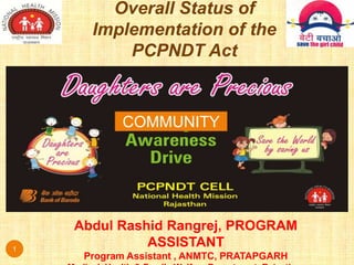 Overall Status of
Implementation of the
PCPNDT Act
1
COMMUNITY
Abdul Rashid Rangrej, PROGRAM
ASSISTANT
Program Assistant , ANMTC, PRATAPGARH
 