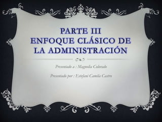 PARTE III
ENFOQUE CLÁSICO DE
LA ADMINISTRACIÓN
Presentado a : Magnolia Colorado
Presentado por : Estefani Camila Castro
 