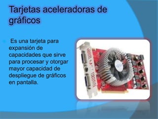 Partes de  la tarjeta aceleradora de grafico1.- Conector2.- Memoria 3.- Ventilador y disipador4.- Microprocesador (GPU)5.- Placa plástica6.- Puerto VGA7.- Puerto S-Video8.- Puerto DVI9.- Soporte10.- Conector de alimentación PCIe