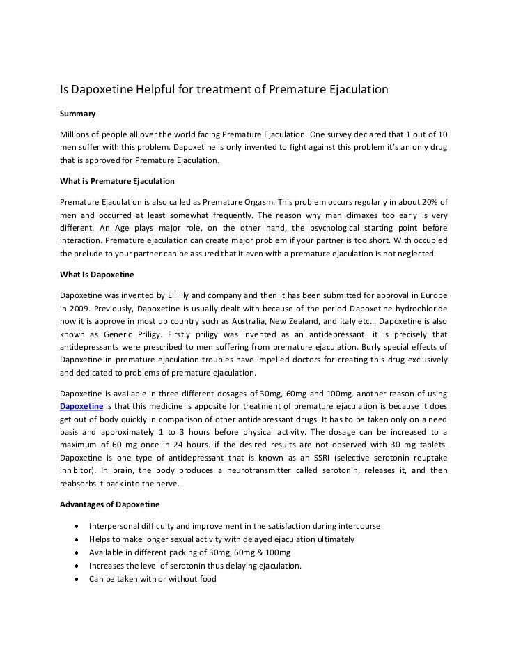 Dapoxetine for treatment of premature ejaculation