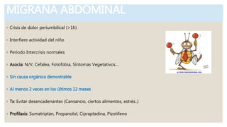MIGRAÑA ABDOMINAL
◦ Crisis de dolor periumbilical (>1h)
◦ Interfiere actividad del niño
◦ Periodo Intercrisis normales
◦ Asocia: N/V, Cefalea, Fotofobia, Síntomas Vegetativos…
◦ Sin causa orgánica demostrable
◦ Al menos 2 veces en los últimos 12 meses
◦ Tx: Evitar desencadenantes (Cansancio, ciertos alimentos, estrés..)
◦ Profilaxis: Sumatriptán, Propanolol, Cipraptadina, Pizotifeno
 