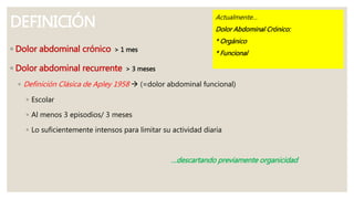 DEFINICIÓN
◦ Dolor abdominal crónico > 1 mes
◦ Dolor abdominal recurrente > 3 meses
◦ Definición Clásica de Apley 1958  (=dolor abdominal funcional)
◦ Escolar
◦ Al menos 3 episodios/ 3 meses
◦ Lo suficientemente intensos para limitar su actividad diaria
…descartando previamente organicidad
Actualmente…
Dolor Abdominal Crónico:
* Orgánico
* Funcional
 