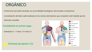 ORGÁNICO
◦ Condiciones que están asociadas con anormalidades fisiológicas, estructurales o bioquímicas
◦ La localización del dolor suele localizarse en los mismos dermatomos que comparten nivel medular que los
estímulos viscerales
Considerarlo en primer lugar…
◦ Sobretodo si < 7 años (<3-4 años !!)
Síntomas de alarma !! (2)
 