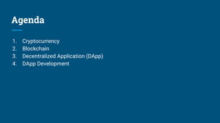 Agenda
1. Cryptocurrency
2. Blockchain
3. Decentralized Application (DApp)
4. DApp Development
 