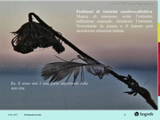 © HE, 2017 23Evitamento sociale
Problemi di intimità emotivo-affettiva.
Manca di interesse, evita l’intimità,
inibizione sessuale, desiderio l’intimità.
Nonostante la paura e il timore può
desiderare relazioni intime.
Es. Il sesso non è una parte importante della
mia vita.
 