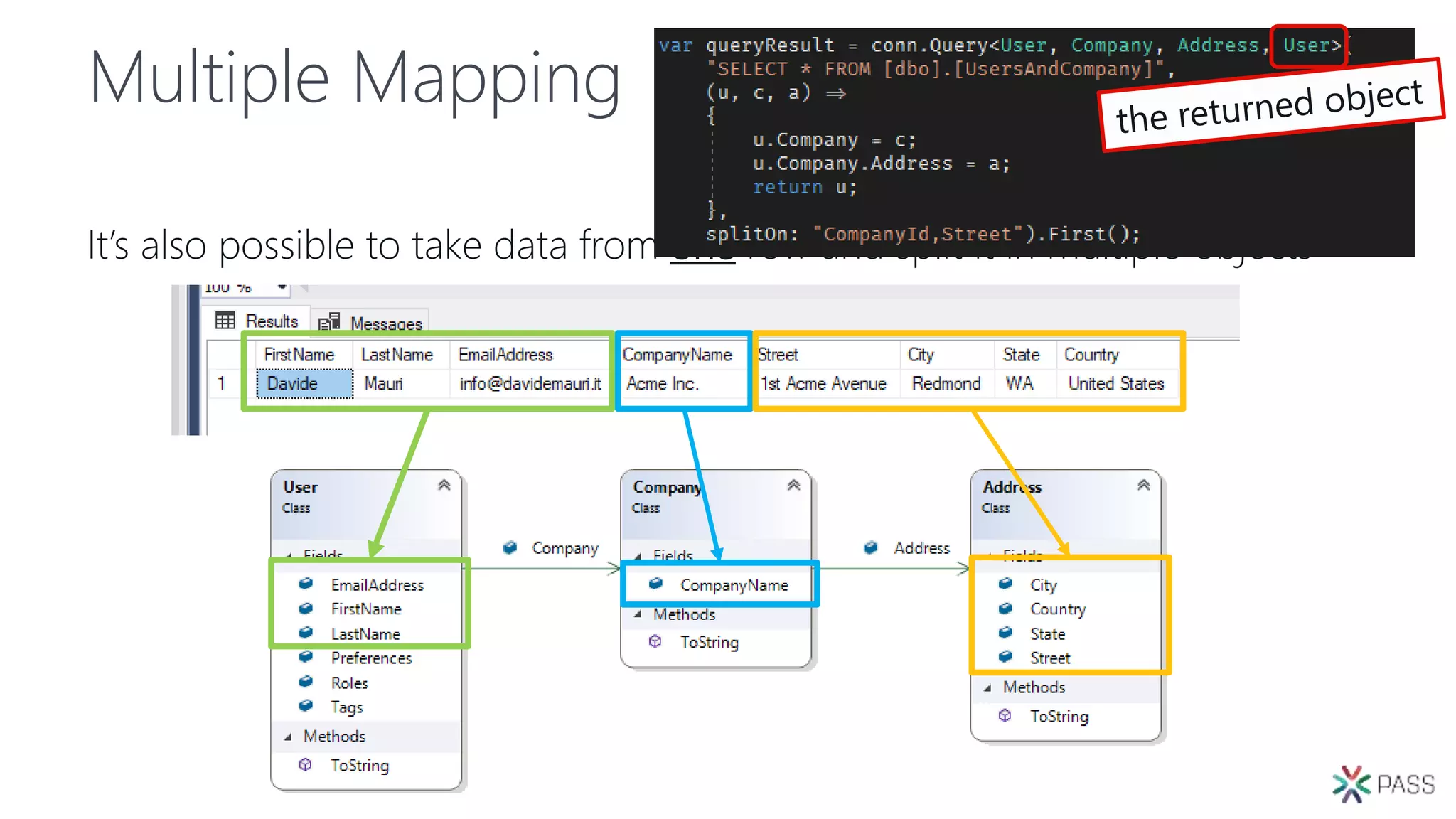 Multiple Mapping
It’s also possible to take data from one row and split it in multiple objects
 