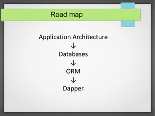 Road map
Application Architecture
↓
Databases
↓
ORM
↓
Dapper
 