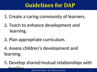 Department of Education
Guidelines for DAP
24
1. Create a caring community of learners.
2. Teach to enhance development and
learning.
3. Plan appropriate curriculum.
4. Assess children’s development and
learning.
5. Develop shared/mutual relationships with
families.
 