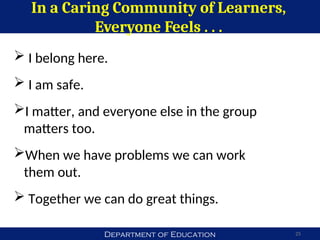 Department of Education
In a Caring Community of Learners,
Everyone Feels . . .
25
 I belong here.
 I am safe.
I matter, and everyone else in the group
matters too.
When we have problems we can work
them out.
 Together we can do great things.
 