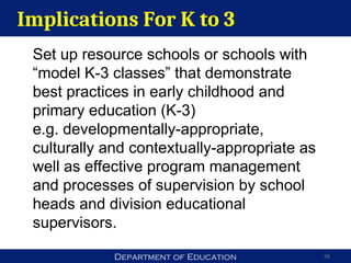 Department of Education 56
Implications For K to 3
Set up resource schools or schools with
“model K-3 classes” that demonstrate
best practices in early childhood and
primary education (K-3)
e.g. developmentally-appropriate,
culturally and contextually-appropriate as
well as effective program management
and processes of supervision by school
heads and division educational
supervisors.
 
