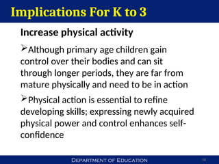 Department of Education 58
Implications For K to 3
Increase physical activity
Although primary age children gain
control over their bodies and can sit
through longer periods, they are far from
mature physically and need to be in action
Physical action is essential to refine
developing skills; expressing newly acquired
physical power and control enhances self-
confidence
 