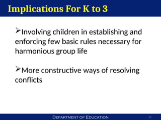 Department of Education 63
Implications For K to 3
Involving children in establishing and
enforcing few basic rules necessary for
harmonious group life
More constructive ways of resolving
conflicts
 