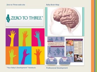 “Your Baby’s Development” Handouts
Zero to Three web site
Professional Development
Baby Brain Map
 