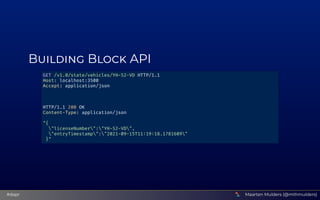 Building Block API
GET /v1.0/state/vehicles/YH-52-VD HTTP/1.1

Host: localhost:3500

Accept: application/json







HTTP/...