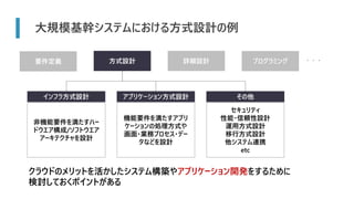 大規模基幹システムにおける方式設計の例
非機能要件を満たすハー
ドウエア構成/ソフトウエア
アーキテクチャを設計
機能要件を満たすアプリ
ケーションの処理方式や
画面・業務プロセス・デー
タなどを設計
セキュリティ
性能・信頼性設計
運用方式設計
移行方式設計
他システム連携
etc
・ ・ ・
クラウドのメリットを活かしたシステム構築やアプリケーション開発をするために
検討しておくポイントがある
 