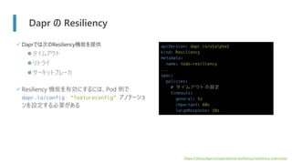 Dapr の Resiliency
✓ Daprでは次のResiliency機能を提供
⚫ タイムアウト
⚫ リトライ
⚫ サーキットブレーカ
✓Resiliency 機能を有効にするには、Pod 側で
dapr.io/config: “featureconfig” アノテーショ
ンを設定する必要がある
https://docs.dapr.io/operations/resiliency/resiliency-overview/
apiVersion: dapr.io/v1alpha1
kind: Resiliency
metadata:
name: todo-resiliency
...
spec:
policies:
# タイムアウトの設定
timeouts:
general: 5s
important: 60s
largeResponse: 10s
 