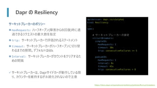 Dapr の Resiliency
サーキットブレーカーのポリシー
⚫ maxRequests: ハーフオープン(障害からの回復)時に通
過できるリクエストの最大数を指定
⚫ trip: サーキットブレーカーで評価されるステートメント
⚫ timeout: サーキットブレーカーがハーフオープンに切り替
わるまでの期間。デフォルトは60s
⚫ Interval: サーキットブレーカーがカウントをクリアするた
めの間隔
✓サーキットブレーカーは、Daprサイドカーが動作している限
り、カウンターを維持するが永続化されないので注意
apiVersion: dapr.io/v1alpha1
kind: Resiliency
...
spec:
# サーキットブレーカーの設定
circuitBreakers:
simpleCB:
maxRequests: 1
timeout: 30s
trip: consecutiveFailures >= 5
pubsubCB:
maxRequests: 1
interval: 8s
timeout: 45s
trip: consecutiveFailures > 8
https://docs.dapr.io/operations/resiliency/policies/#circuit-breakers
 