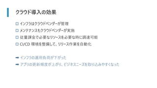クラウド導入の効果
 インフラはクラウドベンダーが管理
 メンテナンスもクラウドベンダーが実施
 従量課金で必要なリソースを必要な時に調達可能
 CI/CD 環境を整備して、リリース作業を自動化
➡ インフラの運用負荷が下がった
➡ アプリの更新頻度が上がり、ビジネスニーズを取り込みやすくなった
 