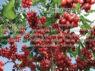Negócio da Empresa:Atuando no mercado de commodities, notadamente café, a empresa iniciará suas atividades na área de corretagem atendendo à produtores dos estados de Minas Gerais e Espírito Santo e exportadores na cidade de Santos.Negócio da Empresa:   A empresa acredita que tanto o público interno como externo são de grande importância para sua sustentabilidade, pois ambos participam ativamente de sua história, seja realizando a produção (colaboradores) seja adquirindo seus produtos (clientes).Objetivos da Empresa:Nosso objetivo é mantermos uma empresa com responsabilidade profissional e fiscal, visando obter reconhecimento em sua área de atuação e principalmente relacionados aos valores éticos.Missão: A missão de nossa empresa é oferecer um serviço com pontualidade de entregas de café para o seu comprador dentro das respectivas datas estipuladas pelo mesmo e dando todo o suporte para eventuais contratempos.Visão: A empresa Sabor de Minas visa obter uma visão sistêmica sempre direcionada a sua prestação de serviço, já que esta é uma competência organizacional de grande importância à organização como a nossa e também temos a preocupação de buscarmos a excelência na área de comercialização de café , inicialmente atuando na intermediação de compra e venda e sempre buscando o crescimento corporativo visando ingressar em outras áreas de atividade especialmente a exportação de café com atuação destacada no mercado internacional.Principais Clientes: AçucaféLtda – MG