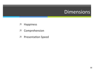 Dimensions	
  
ì  Happiness	
  
ì  Comprehension	
  
ì  Presenta)on	
  Speed	
  
12	
  
 