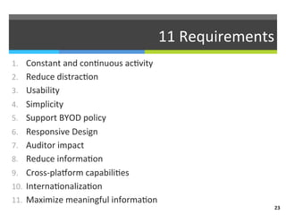 11	
  Requirements	
  
1.  Constant	
  and	
  con)nuous	
  ac)vity	
  
2.  Reduce	
  distrac)on	
  
3.  Usability	
  
4.  ...