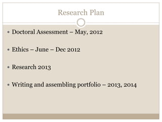 Research Plan

 Doctoral Assessment – May, 2012


 Ethics – June – Dec 2012


 Research 2013


 Writing and assembling portfolio – 2013, 2014
 