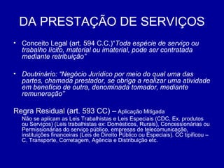 DA PRESTAÇÃO DE SERVIÇOS 
• Conceito Legal (art. 594 C.C.)“Toda espécie de serviço ou 
trabalho lícito, material ou imaterial, pode ser contratada 
mediante retribuição” 
• Doutrinário: “Negócio Jurídico por meio do qual uma das 
partes, chamada prestador, se obriga a realizar uma atividade 
em benefício de outra, denominada tomador, mediante 
remuneração” 
Regra Residual (art. 593 CC) – Aplicação Mitigada 
Não se aplicam as Leis Trabalhistas e Leis Especiais (CDC, Ex. produtos 
ou Serviços) (Leis trabalhistas ex: Domésticos, Rurais), Concessionárias ou 
Permissionárias do serviço público, empresas de telecomunicação, 
instituições financeiras (Leis de Direito Público ou Especiais). CC tipificou – 
C. Transporte, Corretagem, Agência e Distribuição etc. 
 