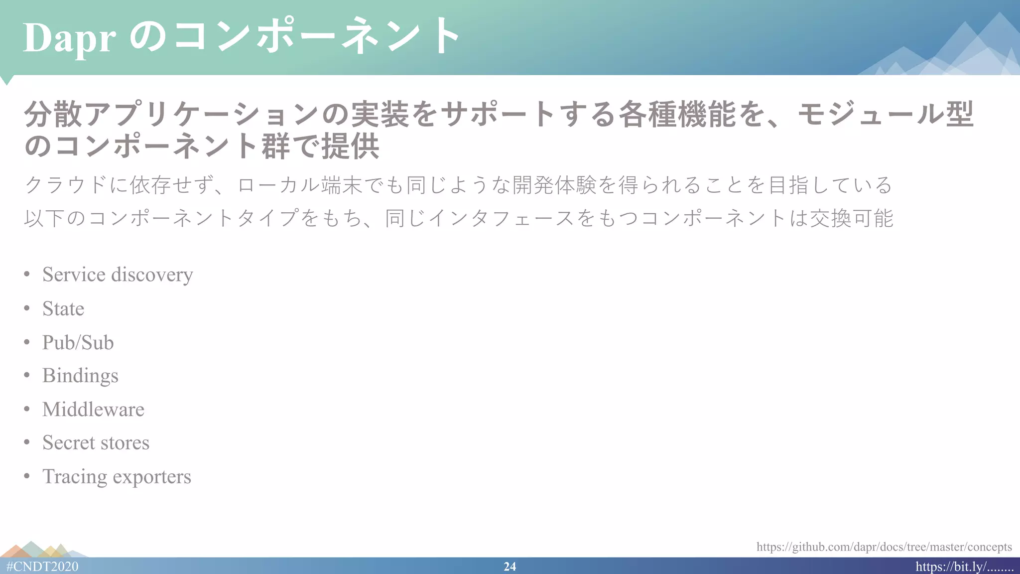 24#CNDT2020 https://bit.ly/........
Dapr のコンポーネント
分散アプリケーションの実装をサポートする各種機能を、モジュール型
のコンポーネント群で提供
クラウドに依存せず、ローカル端末でも同じような開発体験を得られることを⽬指している
以下のコンポーネントタイプをもち、同じインタフェースをもつコンポーネントは交換可能
• Service discovery
• State
• Pub/Sub
• Bindings
• Middleware
• Secret stores
• Tracing exporters
https://github.com/dapr/docs/tree/master/concepts
 
