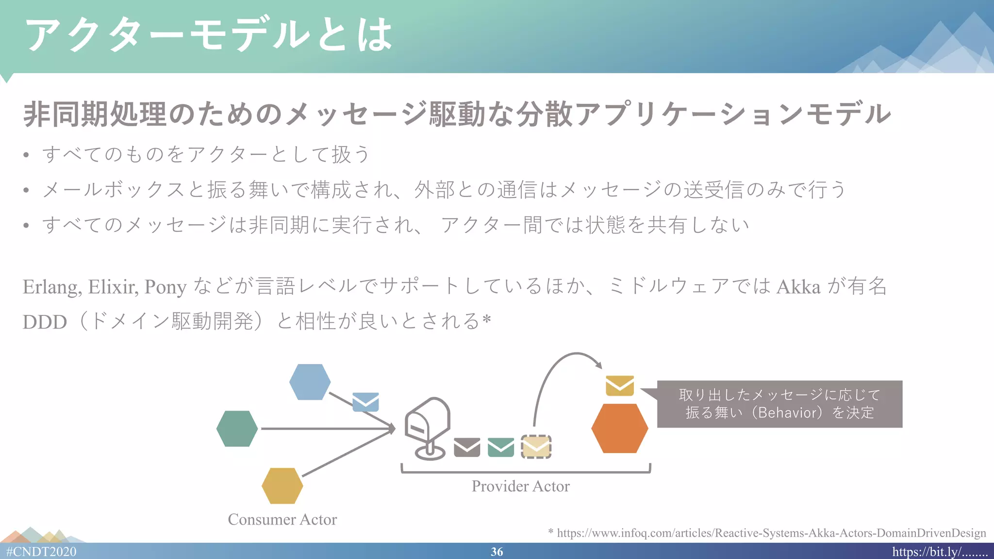 36#CNDT2020 https://bit.ly/........
アクターモデルとは
⾮同期処理のためのメッセージ駆動な分散アプリケーションモデル
• すべてのものをアクターとして扱う
• メールボックスと振る舞いで構成され、外部との通信はメッセージの送受信のみで⾏う
• すべてのメッセージは⾮同期に実⾏され、 アクター間では状態を共有しない
Erlang, Elixir, Pony などが⾔語レベルでサポートしているほか、ミドルウェアでは Akka が有名
DDD（ドメイン駆動開発）と相性が良いとされる*
* https://www.infoq.com/articles/Reactive-Systems-Akka-Actors-DomainDrivenDesign
Consumer Actor
Provider Actor
取り出したメッセージに応じて
振る舞い（Behavior）を決定
 