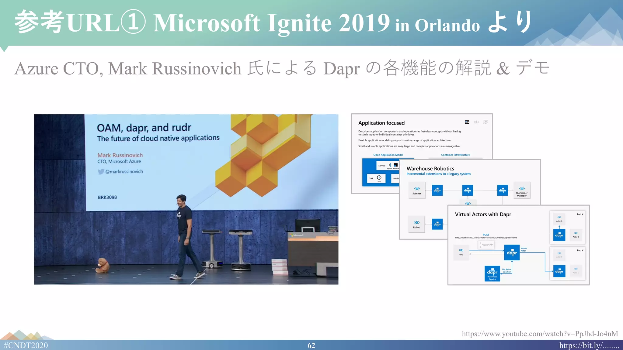 62#CNDT2020 https://bit.ly/........
参考URL① Microsoft Ignite 2019 in Orlando より
Azure CTO, Mark Russinovich ⽒による Dapr の各機能の解説 & デモ
https://www.youtube.com/watch?v=PpJhd-Jo4nM
 