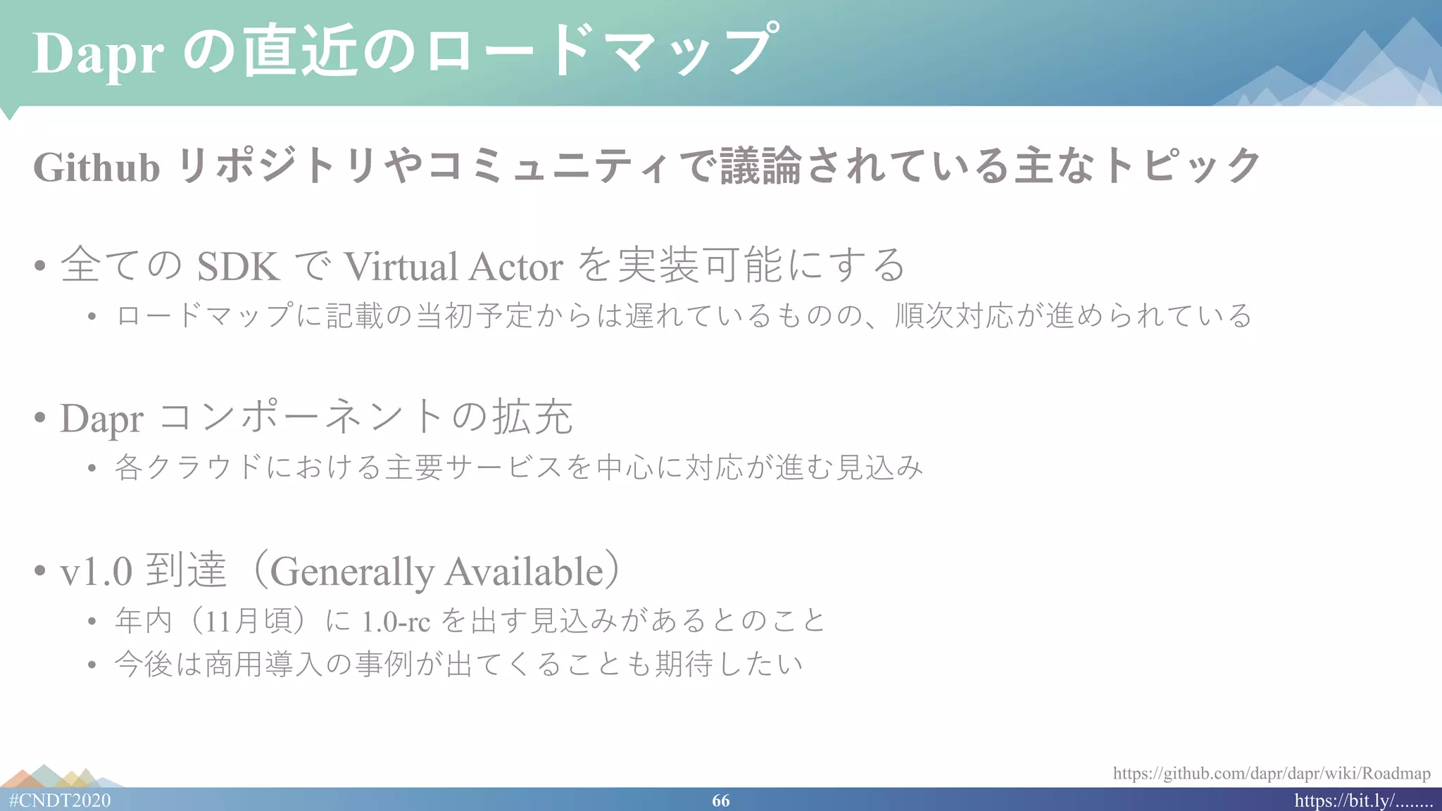 66#CNDT2020 https://bit.ly/........
Dapr の直近のロードマップ
Github リポジトリやコミュニティで議論されている主なトピック
• 全ての SDK で Virtual Actor を実装可能にする
• ロードマップに記載の当初予定からは遅れているものの、順次対応が進められている
• Dapr コンポーネントの拡充
• 各クラウドにおける主要サービスを中⼼に対応が進む⾒込み
• v1.0 到達（Generally Available）
• 年内（11⽉頃）に 1.0-rc を出す⾒込みがあるとのこと
• 今後は商⽤導⼊の事例が出てくることも期待したい
https://github.com/dapr/dapr/wiki/Roadmap
 