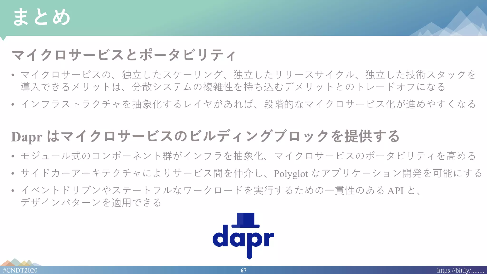 67#CNDT2020 https://bit.ly/........
まとめ
マイクロサービスとポータビリティ
• マイクロサービスの、独⽴したスケーリング、独⽴したリリースサイクル、独⽴した技術スタックを
導⼊できるメリットは、分散システムの複雑性を持ち込むデメリットとのトレードオフになる
• インフラストラクチャを抽象化するレイヤがあれば、段階的なマイクロサービス化が進めやすくなる
Dapr はマイクロサービスのビルディングブロックを提供する
• モジュール式のコンポーネント群がインフラを抽象化、マイクロサービスのポータビリティを⾼める
• サイドカーアーキテクチャによりサービス間を仲介し、Polyglot なアプリケーション開発を可能にする
• イベントドリブンやステートフルなワークロードを実⾏するための⼀貫性のある API と、
デザインパターンを適⽤できる
 
