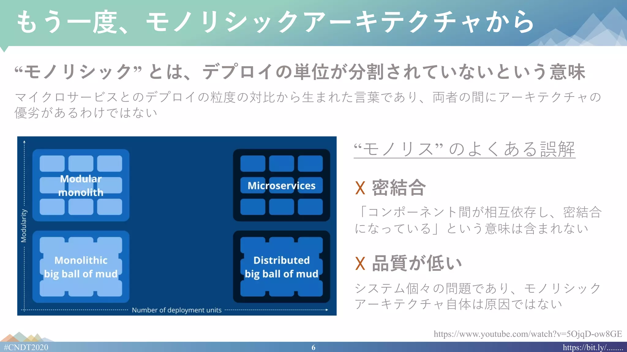 6#CNDT2020 https://bit.ly/........
もう⼀度、モノリシックアーキテクチャから
“モノリシック” とは、デプロイの単位が分割されていないという意味
マイクロサービスとのデプロイの粒度の対⽐から⽣まれた⾔葉であり、両者の間にアーキテクチャの
優劣があるわけではない
https://www.youtube.com/watch?v=5OjqD-ow8GE
“モノリス” のよくある誤解
☓ 密結合
「コンポーネント間が相互依存し、密結合
になっている」という意味は含まれない
☓ 品質が低い
システム個々の問題であり、モノリシック
アーキテクチャ⾃体は原因ではない
 