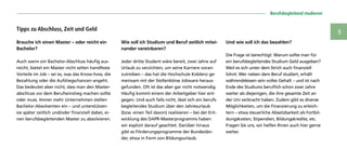   Berufsbegleitend studieren
5
Brauche ich einen Master – oder reicht ein
Bachelor?
Auch wenn ein Bachelor-Abschluss häufig aus-
reicht, bietet ein Master nicht selten handfeste
Vorteile im Job – sei es, was das Know-how, die
Bezahlung oder die Aufstiegschancen angeht.
Das bedeutet aber nicht, dass man den Master-
abschluss vor dem Berufseinstieg machen sollte
oder muss. Immer mehr Unternehmen stellen
Bachelor-Absolventen ein – und unterstützen
sie später zeitlich und/oder finanziell dabei, ei-
nen berufsbegleitenden Master zu absolvieren.
Wie soll ich Studium und Beruf zeitlich mitei-
nander vereinbaren?
Jeder dritte Student wäre bereit, zwei Jahre auf
Urlaub zu verzichten, um seine Karriere voran-
zutreiben – das hat die Hochschule Koblenz ge-
meinsam mit der Stellenbörse Jobware heraus­
gefunden. Oft ist das aber gar nicht notwendig.
Häufig kommt einem der Arbeitgeber hier ent-
gegen. Und auch falls nicht, lässt sich ein berufs-
begleitendes Studium über den Jahresurlaub
(bzw. einen Teil davon) realisieren – bei der Ent-
wicklung des DAPR-Masterprogramms haben
wir explizit darauf geachtet. Darüber hin­aus
gibt es Förderungsprogramme der Bundeslän-
der, etwa in Form von Bildungsurlaub.
Und wie soll ich das bezahlen?
Die Frage ist berechtigt: Warum sollte man für
ein berufsbegleitendes Studium Geld ausgeben?
Weil es sich unter dem Strich auch finanziell
lohnt: Wer neben dem Beruf studiert, erhält
währenddessen sein volles Gehalt – und ist nach
Ende des Studiums beruflich schon zwei Jahre
weiter als diejenigen, die ihre gesamte Zeit an
der Uni verbracht haben. Zudem gibt es diverse
Möglichkeiten, um die Finanzierung zu erleich-
tern – etwa steuerliche Absetzbarkeit als Fortbil-
dungskosten, Stipendien, Bildungskredite, etc.
Fragen Sie uns, wir helfen Ihnen auch hier gerne
weiter.
Tipps zu Abschluss, Zeit und Geld
 