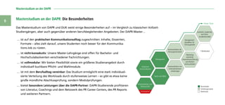 Masterstudium an der DAPR 
6
Das Masterstudium von DAPR und DUK weist einige Besonderheiten auf – im Vergleich zu klassischen Vollzeit-
Studiengängen, aber auch gegenüber anderen berufsbegleitenden Angeboten. Der DAPR-Master…
Masterstudium an der DAPR: Die Besonderheiten
…… ist auf den praktischen Kommunikationsalltag zugeschnitten: Inhalte, Dozenten,
Formate – alles zielt darauf, unsere Studenten noch besser für den Kommunika-
tions-Job zu rüsten.
…… ist nicht-konsekutiv: Unsere Master-Lehrgänge sind offen für Bachelor- und
Hochschulabsolventen verschiedener Fachrichtungen.
…… ist vollmodular: Wir bieten Flexibilität sowie ein größeres Studienangebot durch
individuell buchbare Pflicht- und Wahlmodule.
…… ist mit dem Berufsalltag vereinbar: Das Studium ermöglicht eine stark individuali-
sierte Verteilung des Workloads durch stufenweises Lernen – so gibt es etwa keine
große mündliche Abschlussprüfung, sondern Modulprüfungen.
…… bietet besondere Leistungen über die DAPR-Partner: DAPR-Studierende profitieren
von Literatur, Coachings und dem Netzwerk des PR Career Centers, des PR Reports
und weiteren Partnern.
 