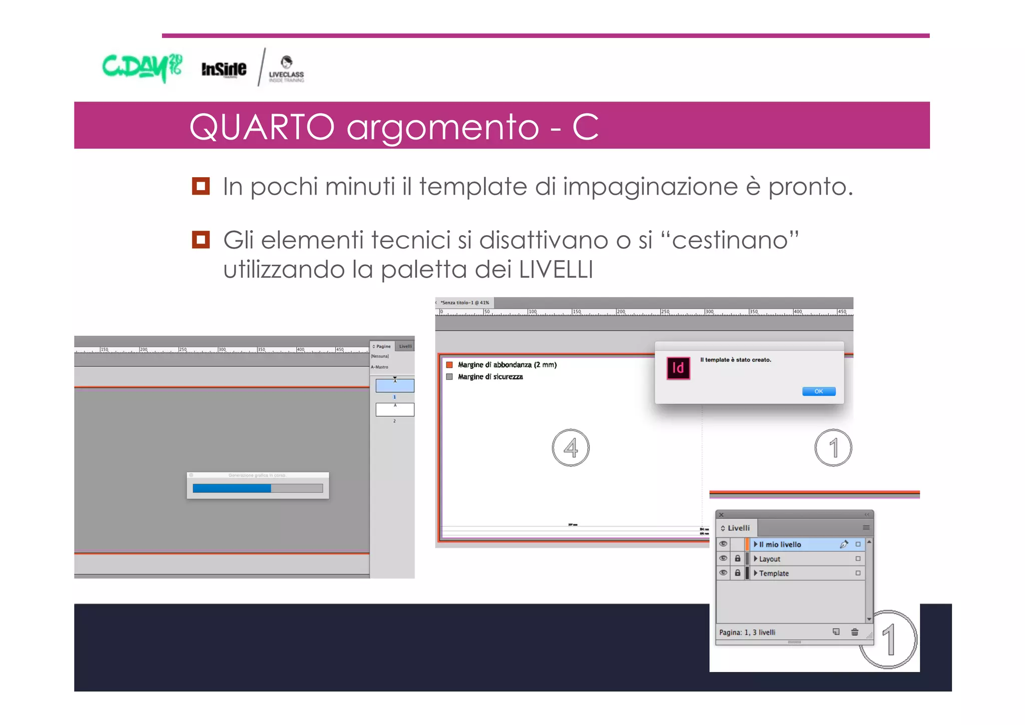 ¤  In pochi minuti il template di impaginazione è pronto.
¤  Gli elementi tecnici si disattivano o si “cestinano”
utilizzando la paletta dei LIVELLI
QUARTO argomento - C
 