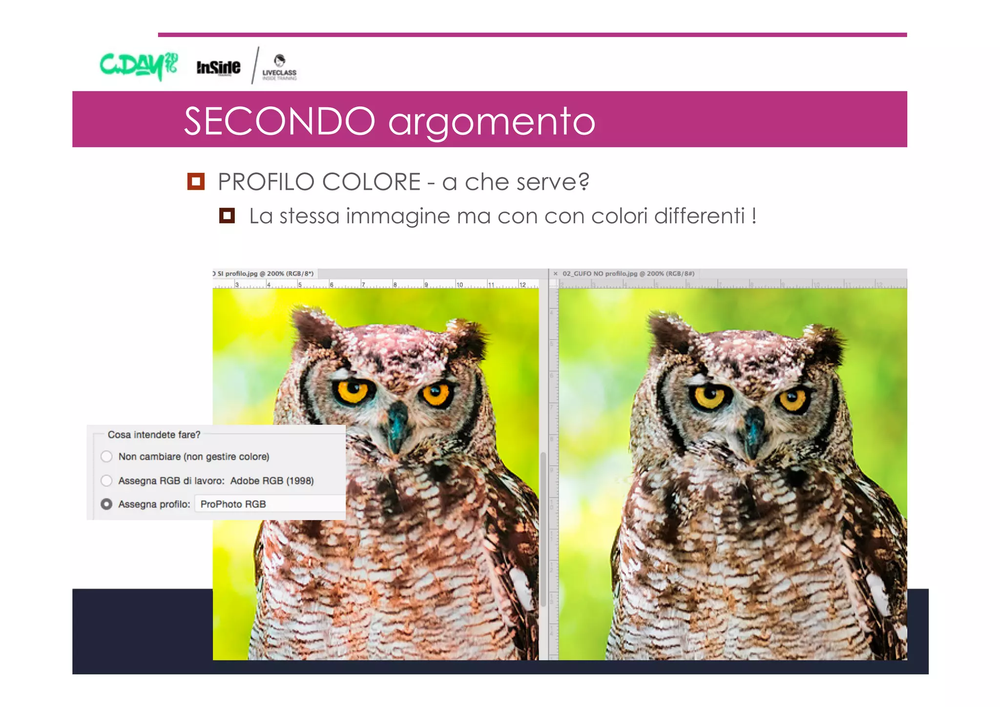 SECONDO argomento
¤  PROFILO COLORE - a che serve?
¤  La stessa immagine ma con con colori differenti !
 