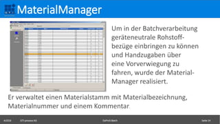 ©2016 GTI-process AG DaProS-Batch Seite 14
MaterialManager
Um in der Batchverarbeitung
geräteneutrale Rohstoff-
bezüge einbringen zu können
und Handzugaben über
eine Vorverwiegung zu
fahren, wurde der Material-
Manager realisiert.
Er verwaltet einen Materialstamm mit Materialbezeichnung,
Materialnummer und einem Kommentar.
 