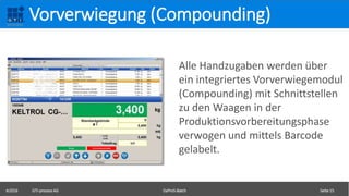 ©2016 GTI-process AG DaProS-Batch Seite 15
Vorverwiegung (Compounding)
Alle Handzugaben werden über
ein integriertes Vorverwiegemodul
(Compounding) mit Schnittstellen
zu den Waagen in der
Produktionsvorbereitungsphase
verwogen und mittels Barcode
gelabelt.
 