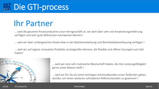 ©2016 GTI-process AG DaProS-Batch Seite 25
Die GTI-process
... weil die gesamte Prozessindustrie unser Kerngeschäft ist, wir dort über sehr viel Anwendungserfahrung
verfügen und sehr gute Referenzen nachweisen können!
... weil wir über umfangreiches Know-How in der Batchverarbeitung und Betriebsdatenerfassung verfügen !
... weil wir auf eigene innovative Produkte zurückgreifen können, die flexible und offene Lösungen zum Ziel
haben!
... weil wir eine sehr motivierte Mannschaft haben, die ihre Leistungsfähigkeit
gerne unter Beweis stellt !
... weil wir für Sie als einen wichtigen Schlüsselkunden unser Äußerstes geben
würden um einen weiteren zufriedenen Referenzkunden zu gewinnen !
Ihr Partner
 